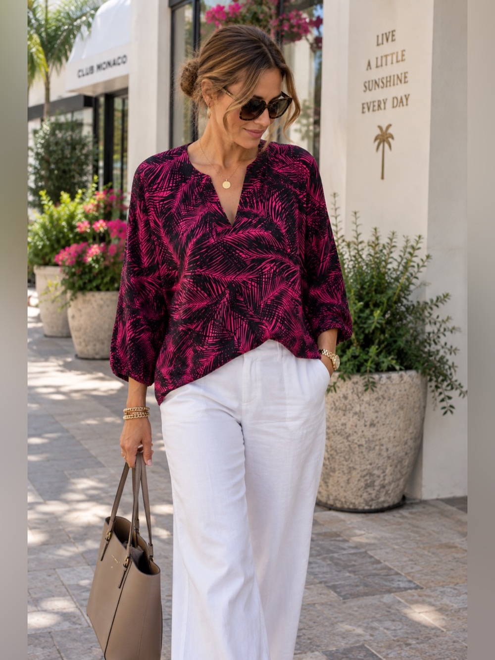 Michael Kors Women’s XL Black Pink Tropical Print V-Neck 3/4 Sleeve Blouse NWOT